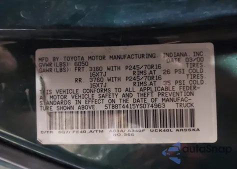 2000 Toyota Tundra Sr5 V8 from USA, damaged, VIN 5TBBT4415YS074963